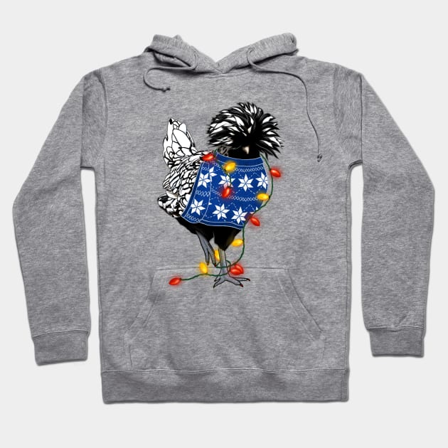 Silver-Laced Polish Chicken In Ugly Christmas Sweater Tangled In Lights Hoodie by Ashley D Wilson